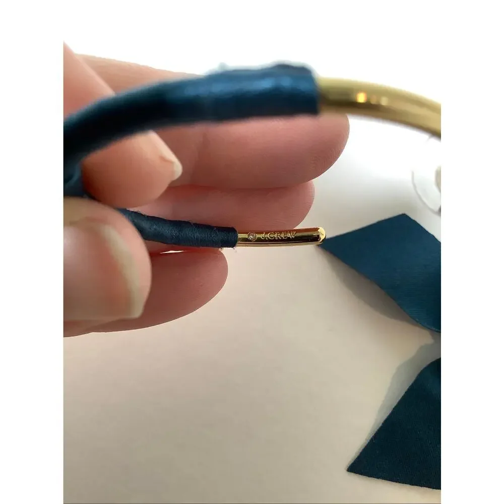 J. Crew Gold Tone Navy Satin Ribbon Wrapped Bow Hoop Earrings Statement E20-16